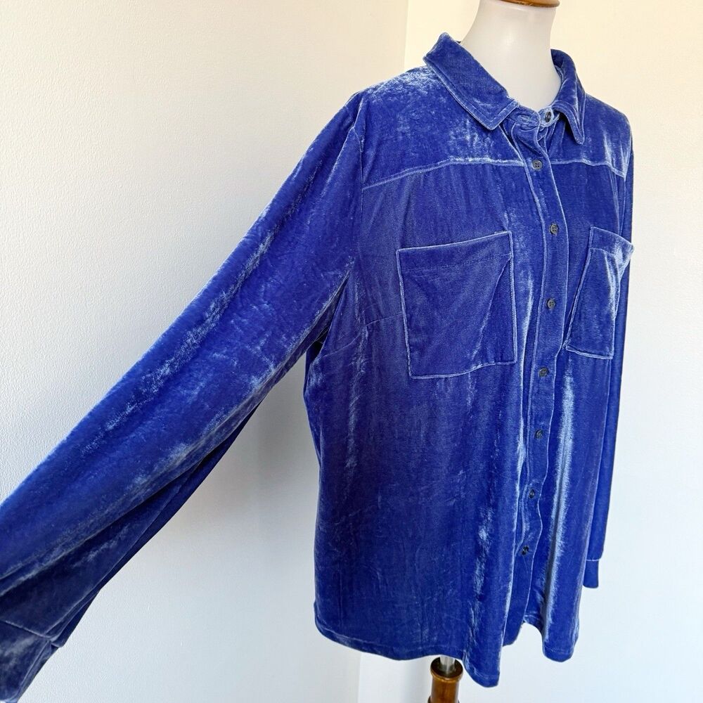Cato Shirt Long Sleeve Button Up Velour Crushed Velvet Blouse Blue 22/24W 3X - Picture 12 of 16